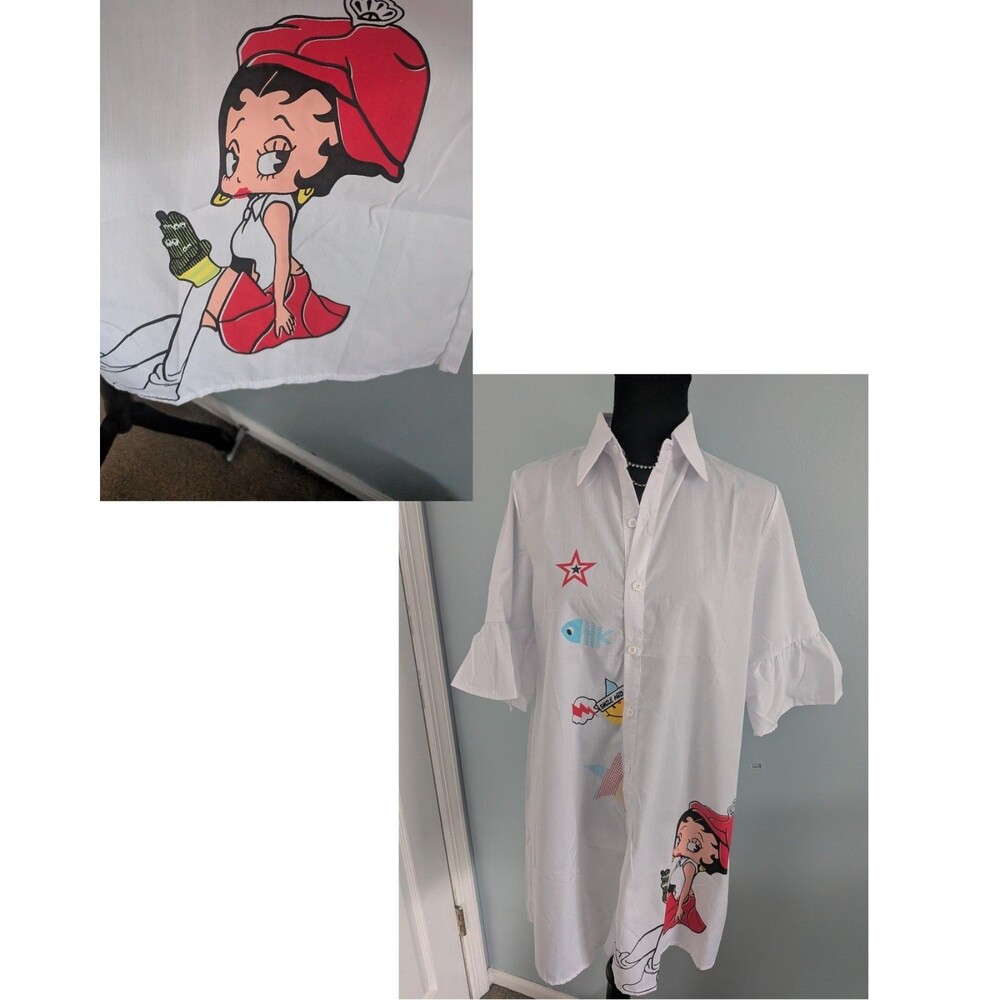 Zara Shirt Dress Womens S/M Oversized Tunic Mini Betty Boop Cartoon White Red